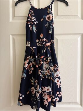 Soprano Navy Floral Halter Fit-and-Flare Dress